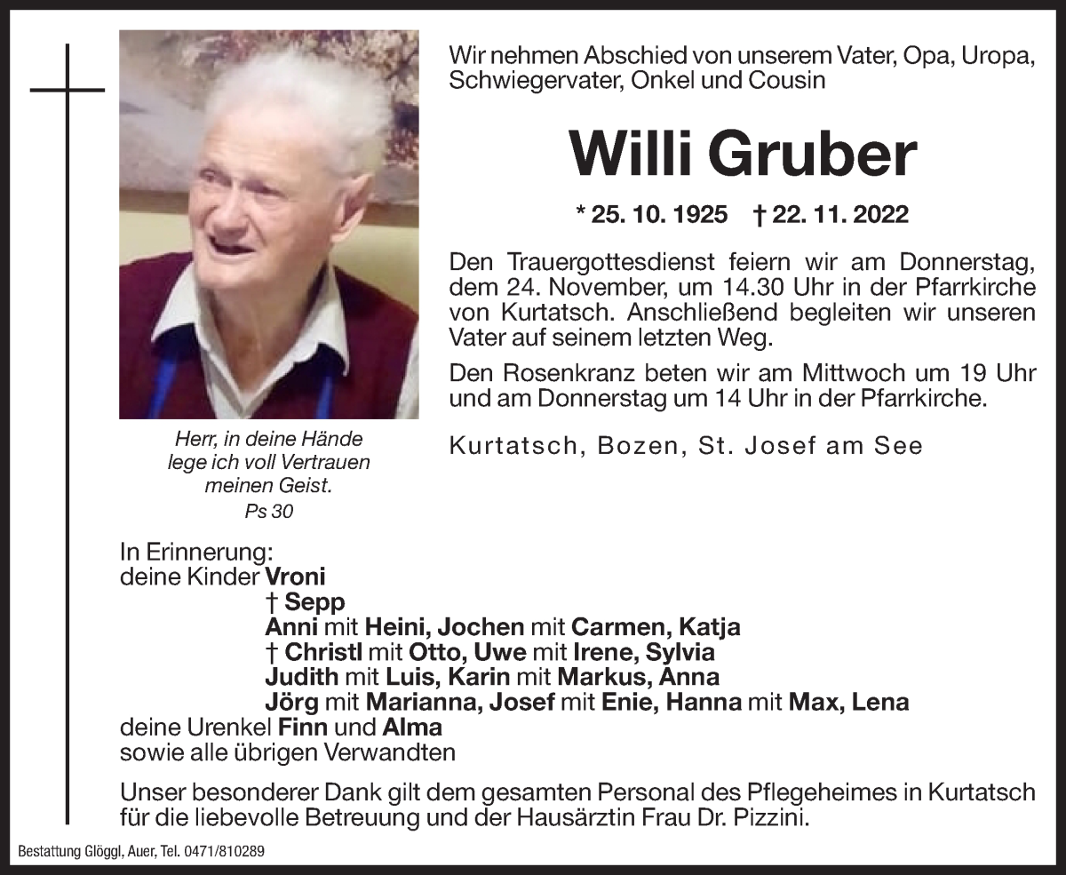  Traueranzeige für Willi Gruber vom 23.11.2022 aus Dolomiten