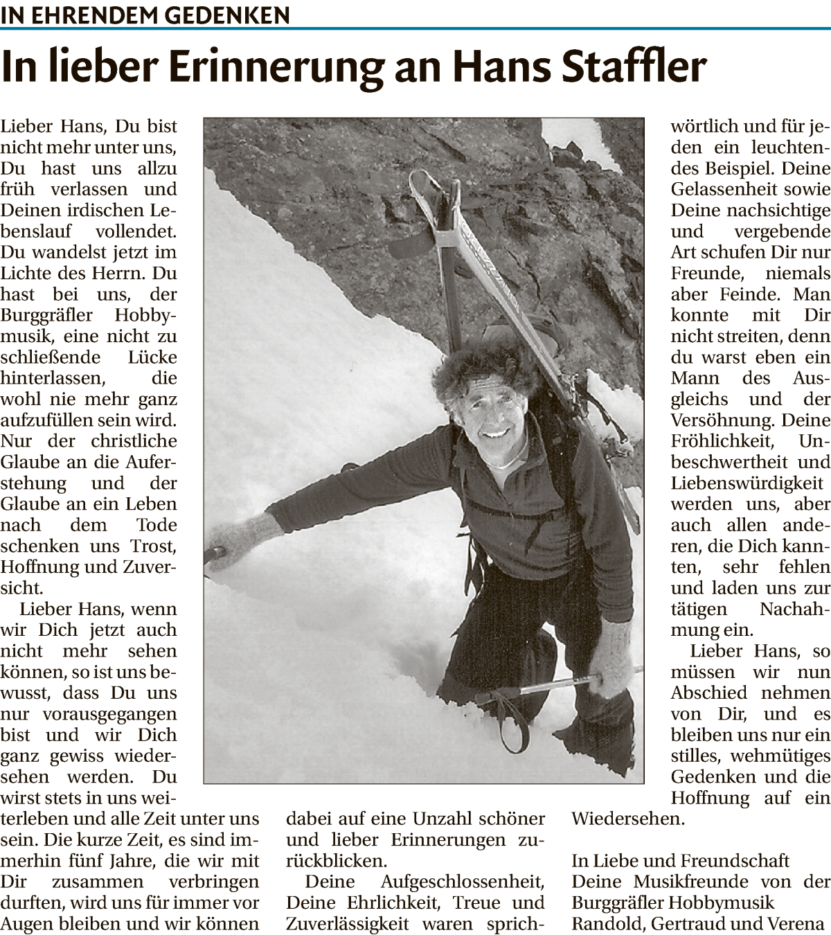  Traueranzeige für Hans Staffler vom 09.06.2012 aus Dolomiten
