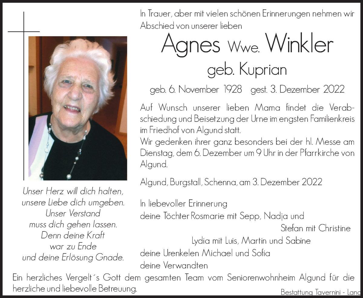  Traueranzeige für Agnes Winkler vom 05.12.2022 aus Dolomiten