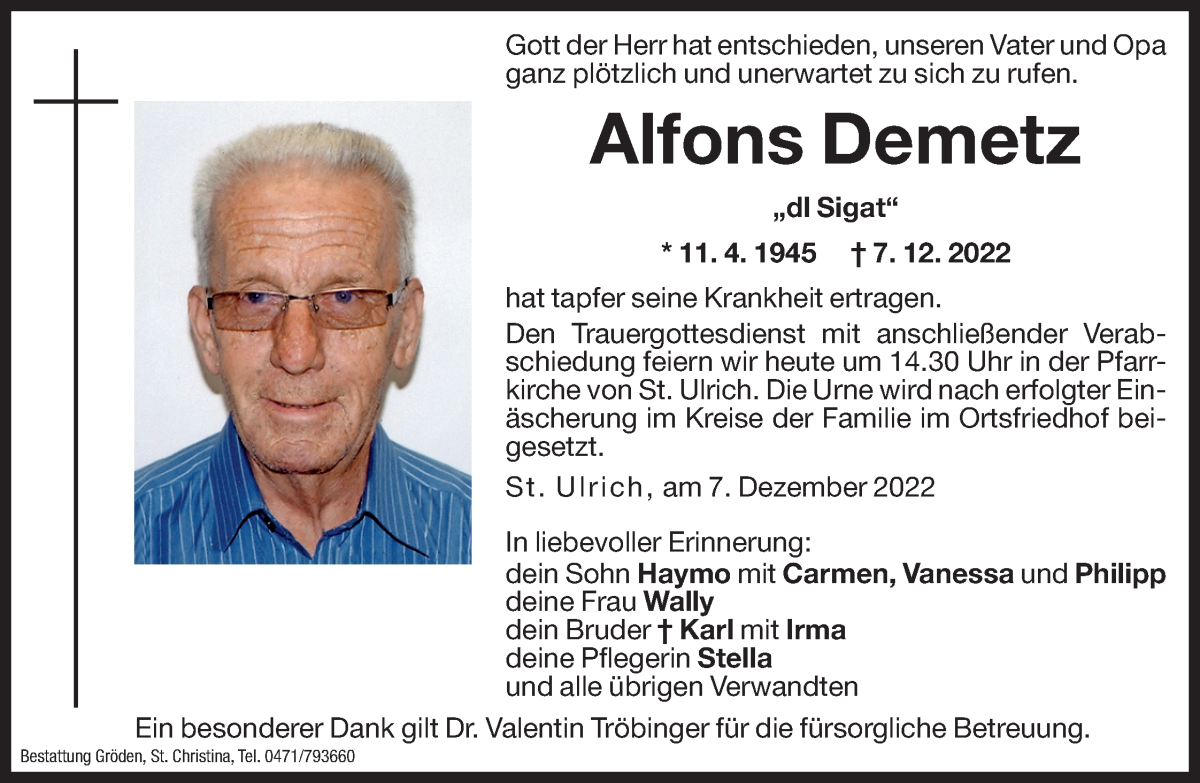  Traueranzeige für Alfons Demetz vom 09.12.2022 aus Dolomiten