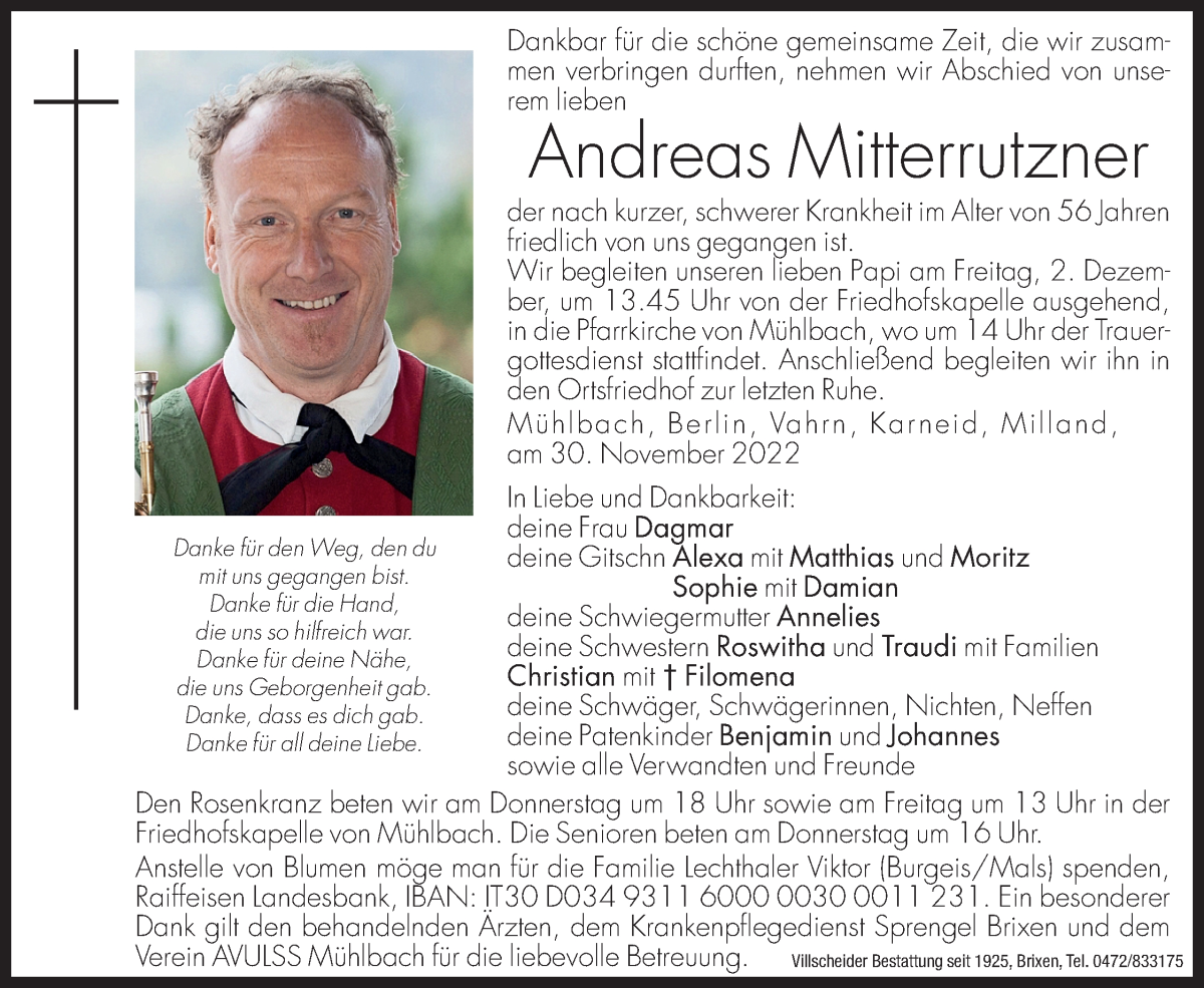  Traueranzeige für Andreas Mitterrutzner vom 01.12.2022 aus Dolomiten