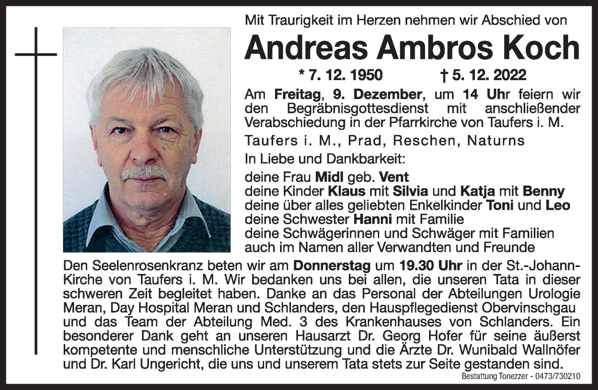  Traueranzeige für Andreas Ambros Koch vom 07.12.2022 aus Dolomiten