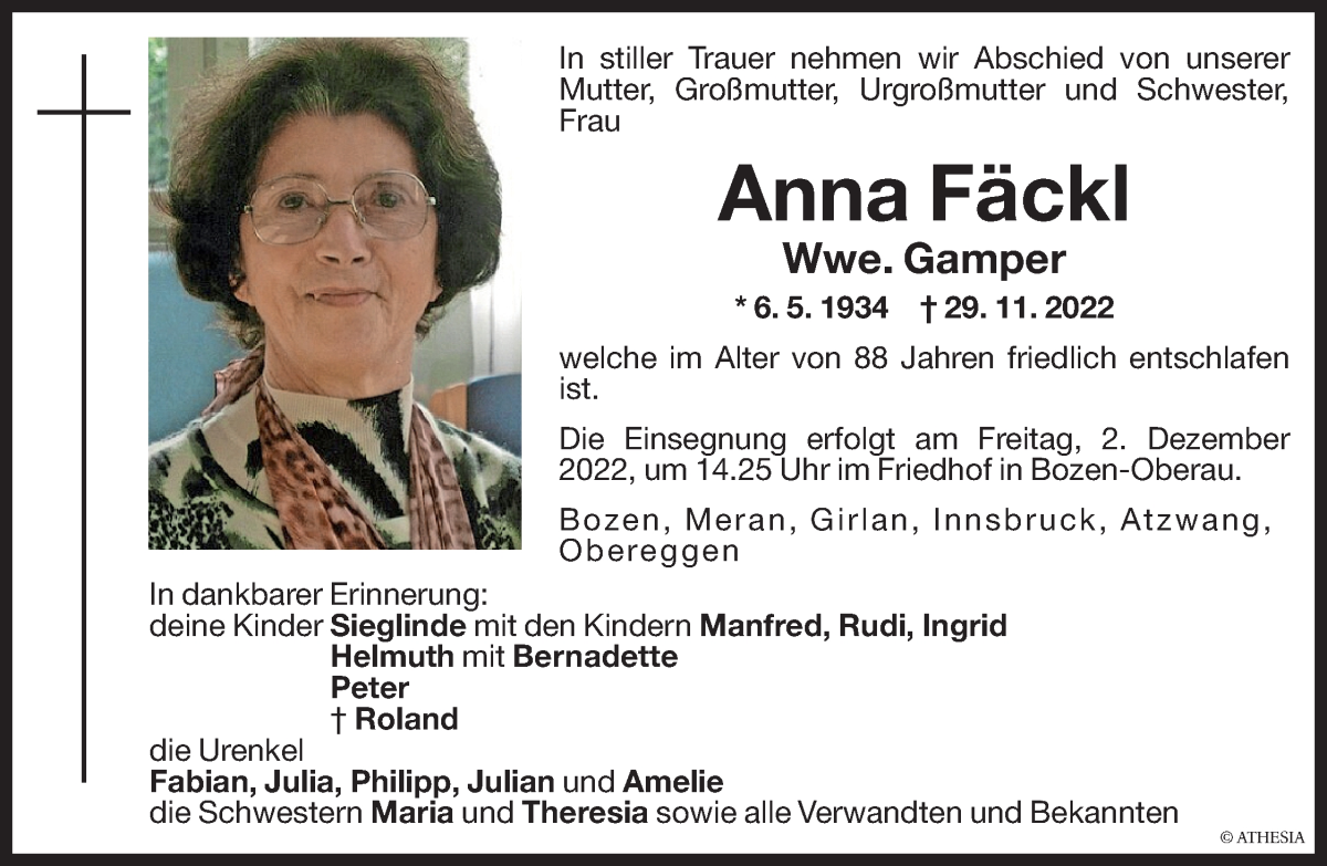  Traueranzeige für Anna Gamper vom 01.12.2022 aus Dolomiten