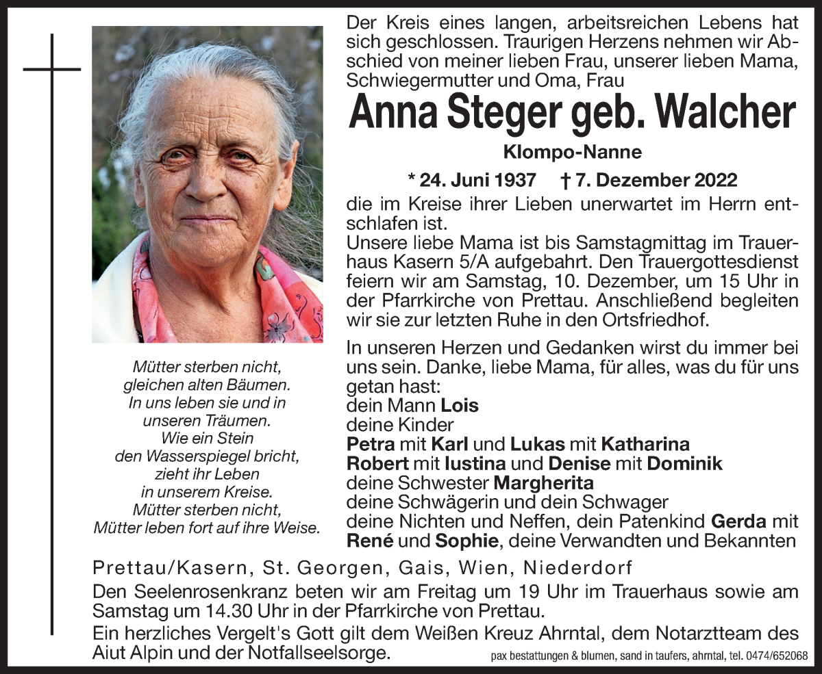 Traueranzeige für Anna Steger vom 09.12.2022 aus Dolomiten