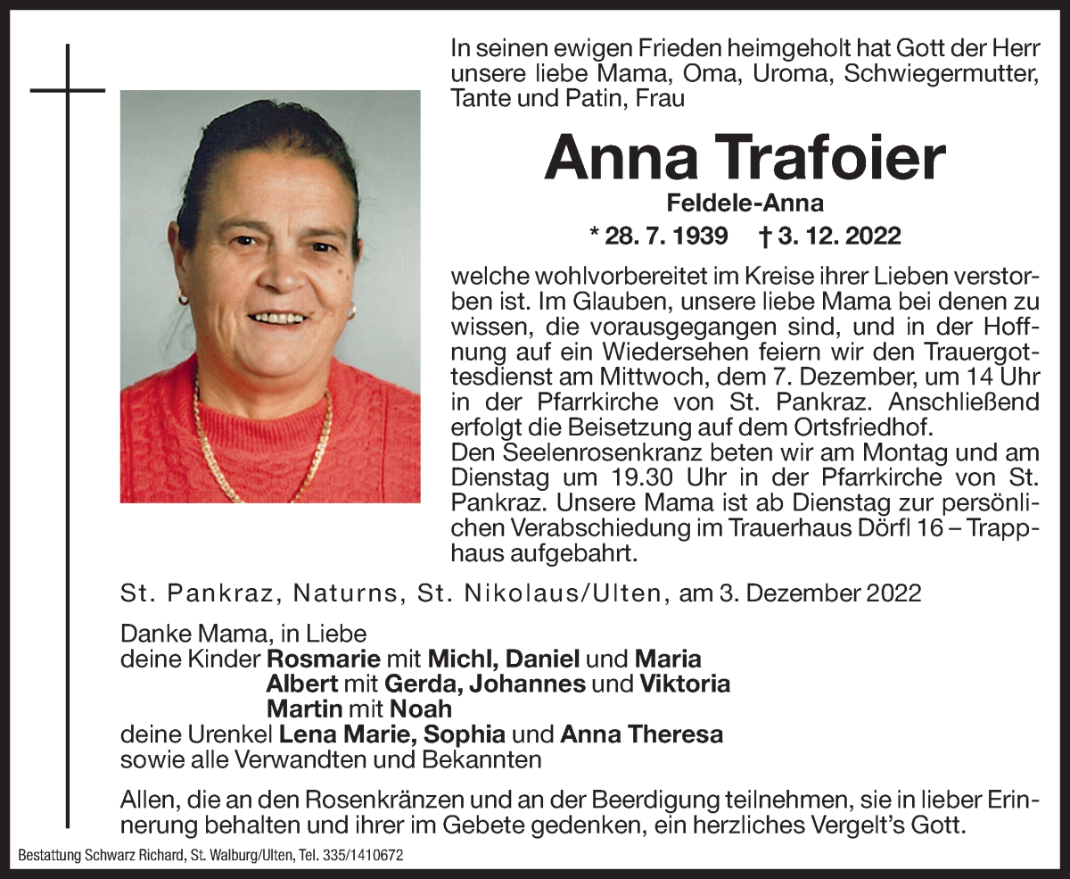  Traueranzeige für Anna Trafoier vom 05.12.2022 aus Dolomiten