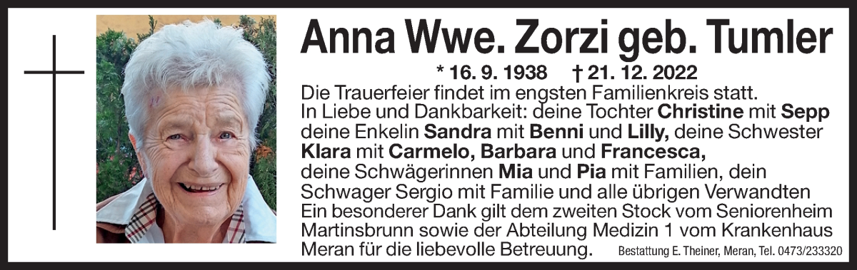  Traueranzeige für Anna Zorzi vom 22.12.2022 aus Dolomiten