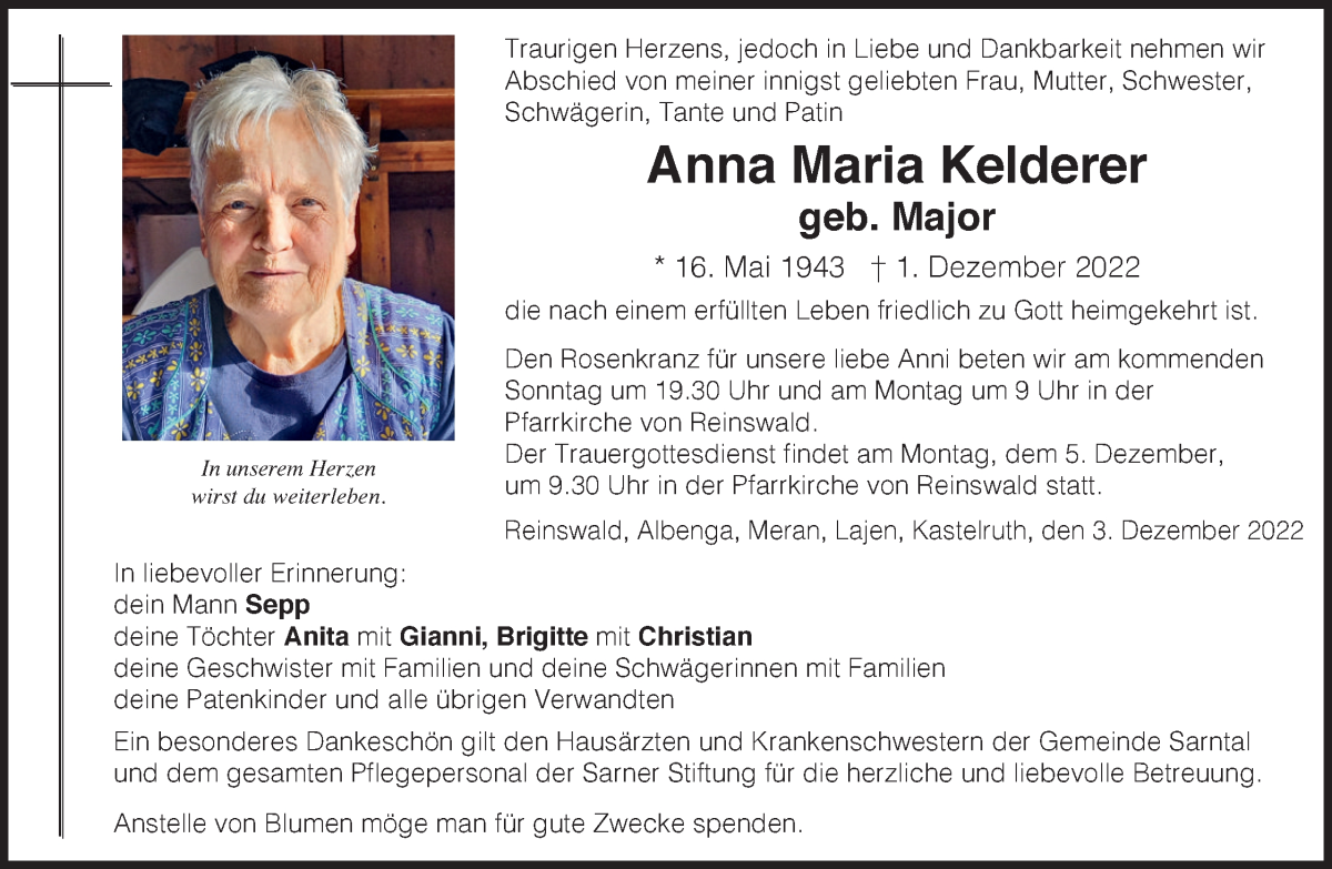  Traueranzeige für Anna Maria Kelderer vom 03.12.2022 aus Dolomiten