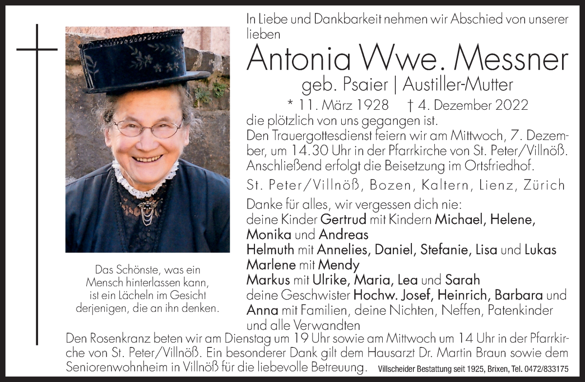  Traueranzeige für Antonia Messner vom 06.12.2022 aus Dolomiten