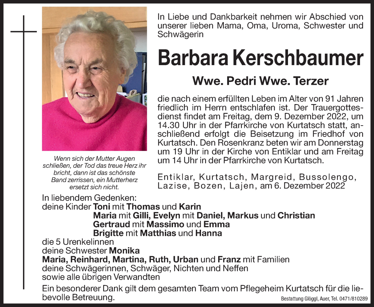  Traueranzeige für Barbara Pedri Terzer vom 07.12.2022 aus Dolomiten