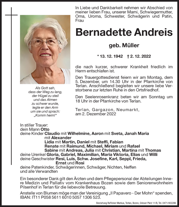 Traueranzeige von Bernadette Andreis von Dolomiten