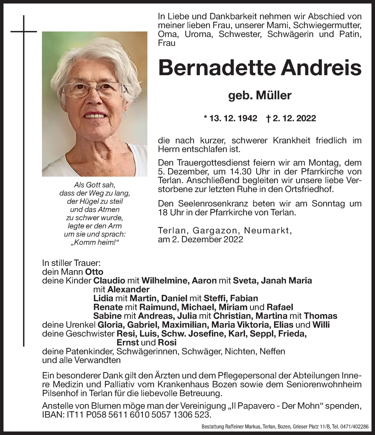  Traueranzeige für Bernadette Andreis vom 03.12.2022 aus Dolomiten