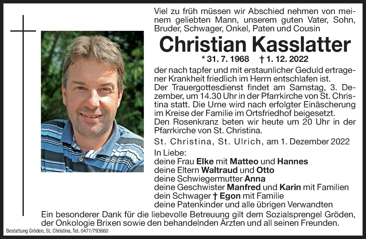  Traueranzeige für Christian Kasslatter vom 02.12.2022 aus Dolomiten