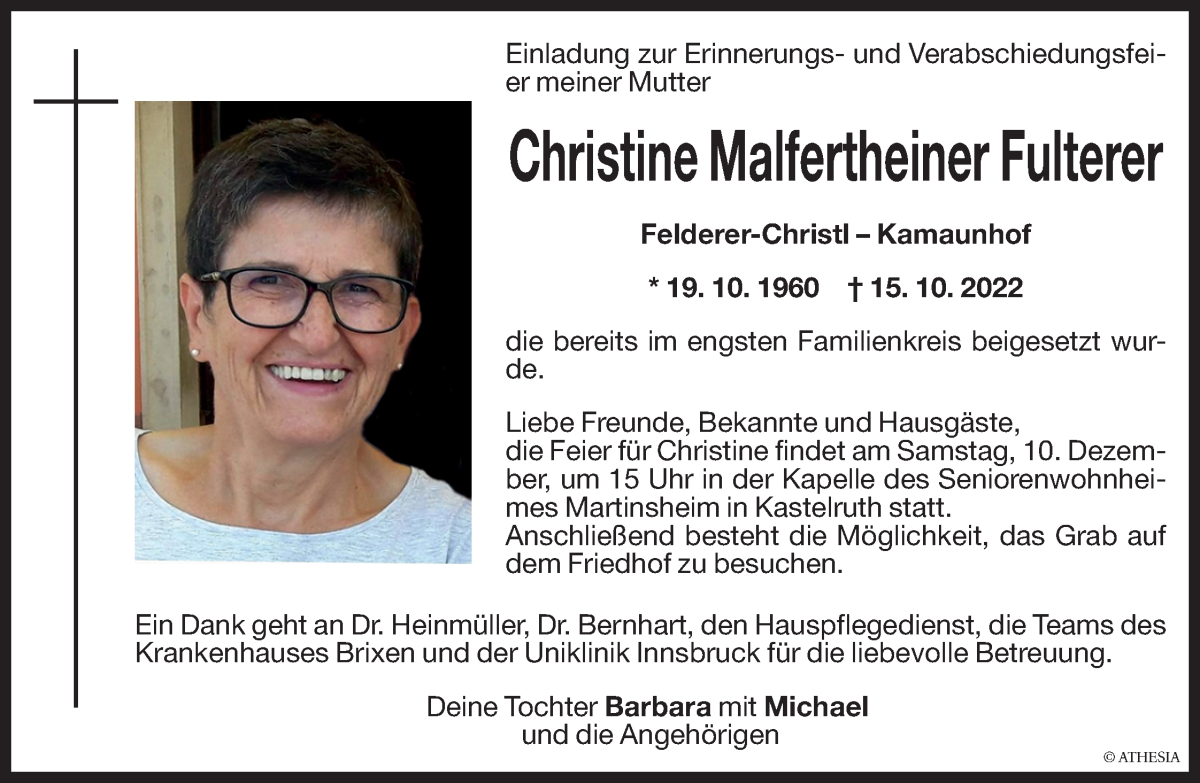  Traueranzeige für Christine Malfertheiner Fulterer vom 02.12.2022 aus Dolomiten