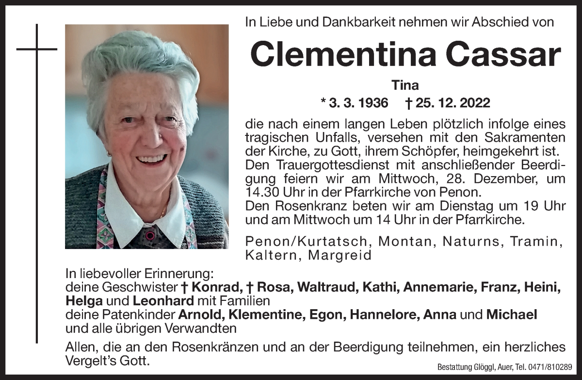  Traueranzeige für Clementina Cassar vom 27.12.2022 aus Dolomiten