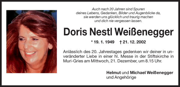 Traueranzeige von Doris Weißenegger von Dolomiten