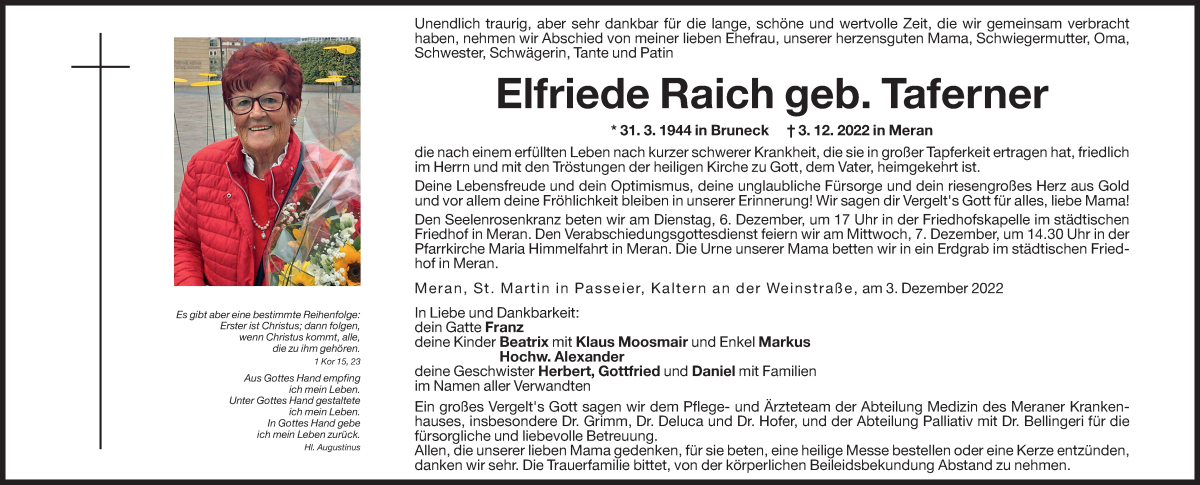  Traueranzeige für Elfriede Raich vom 05.12.2022 aus Dolomiten