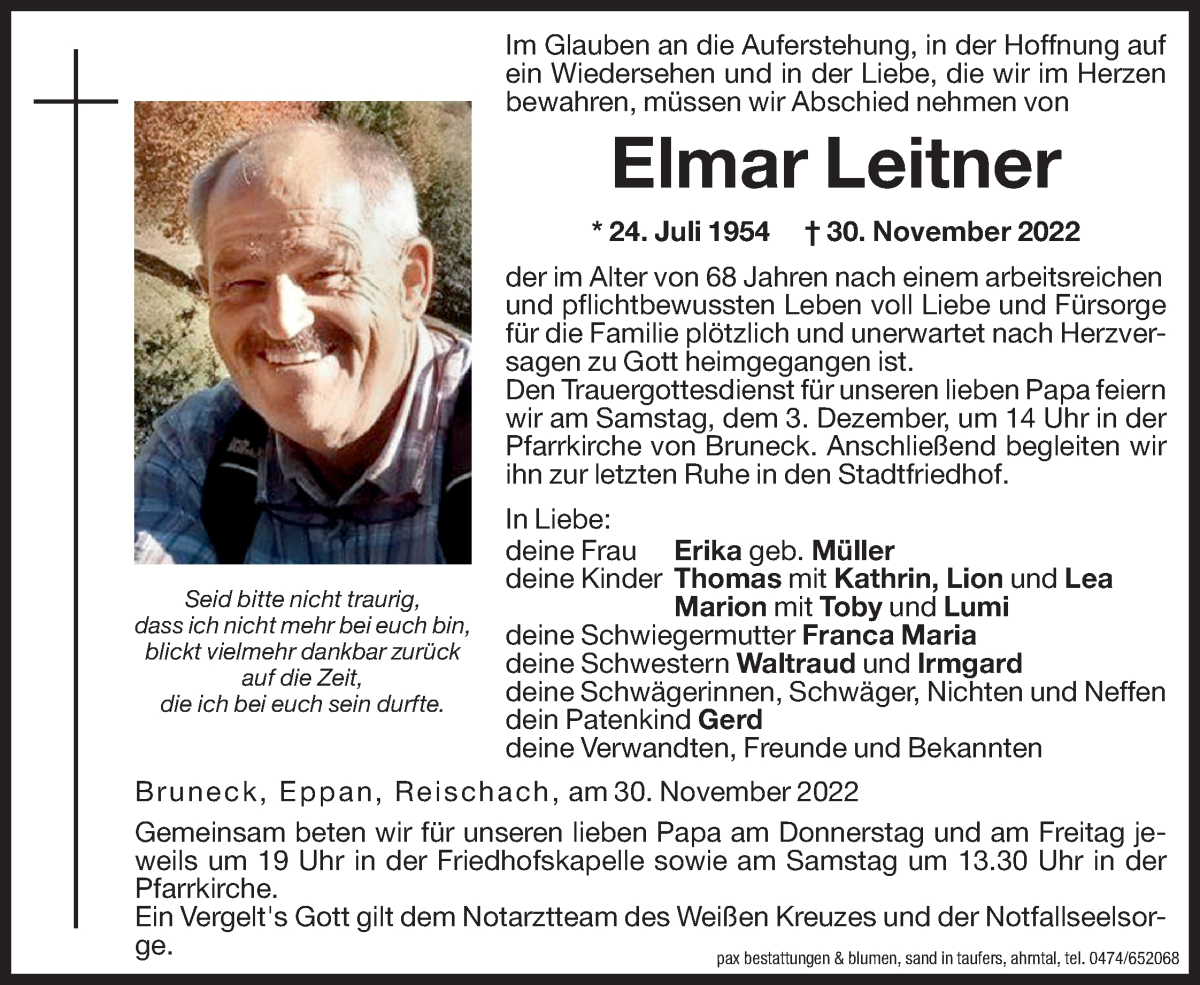 Traueranzeige für Elmar Leitner vom 01.12.2022 aus Dolomiten