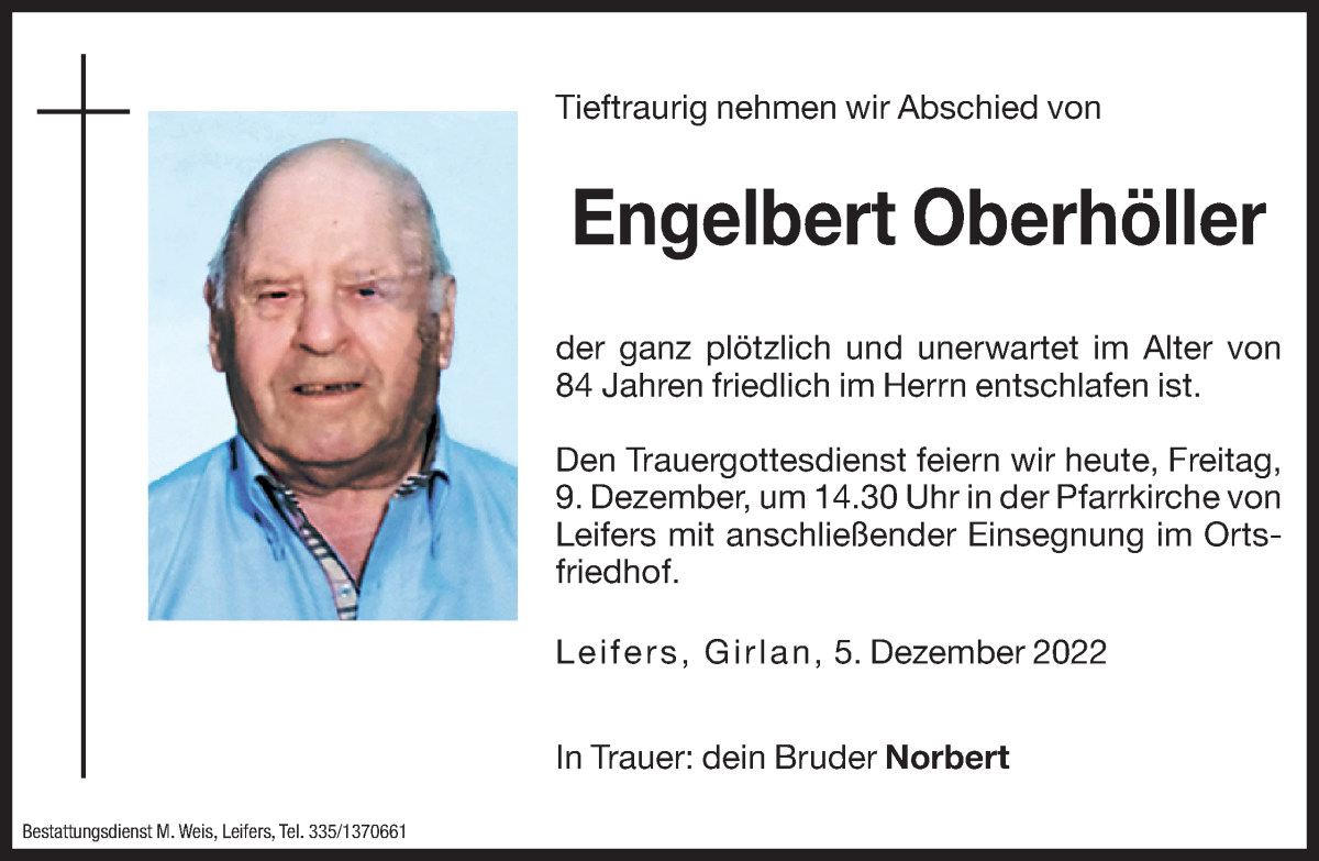  Traueranzeige für Engelbert Oberhöller vom 09.12.2022 aus Dolomiten