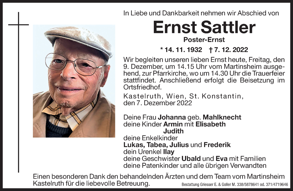  Traueranzeige für Ernst Sattler vom 09.12.2022 aus Dolomiten