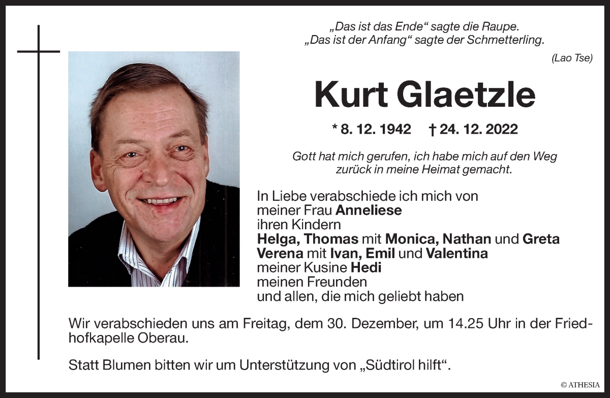  Traueranzeige für Kurt Glaetzle vom 28.12.2022 aus Dolomiten