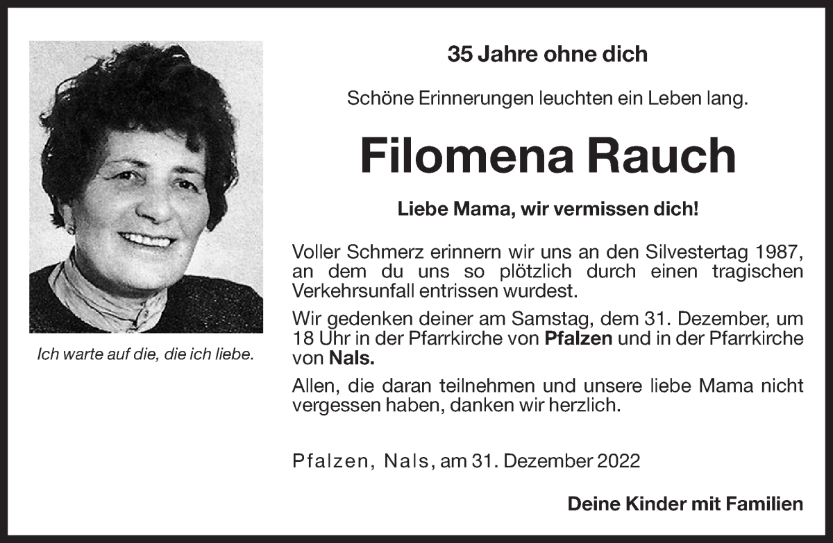  Traueranzeige für Filomena Rauch vom 30.12.2022 aus Dolomiten