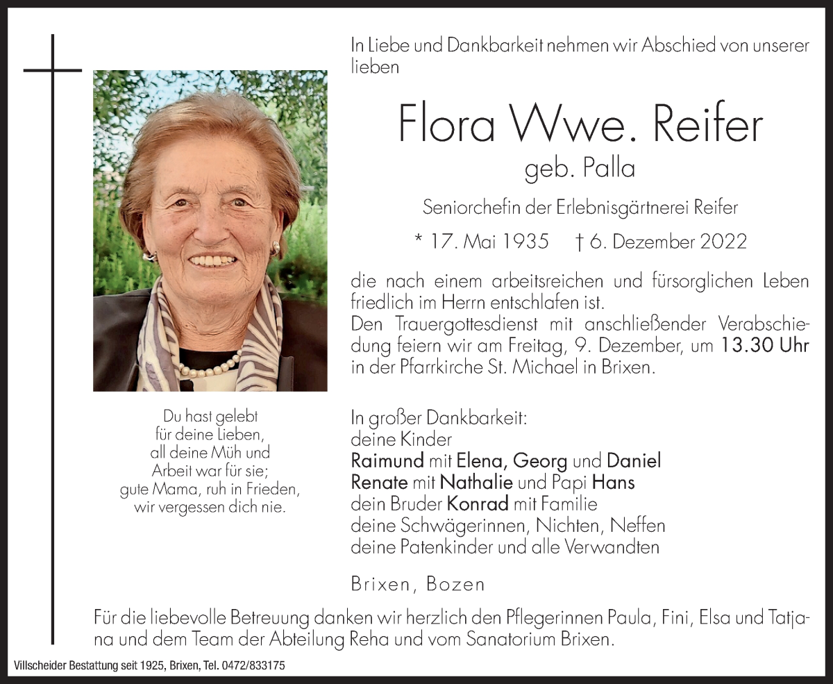  Traueranzeige für Flora Reifer vom 09.12.2022 aus Dolomiten