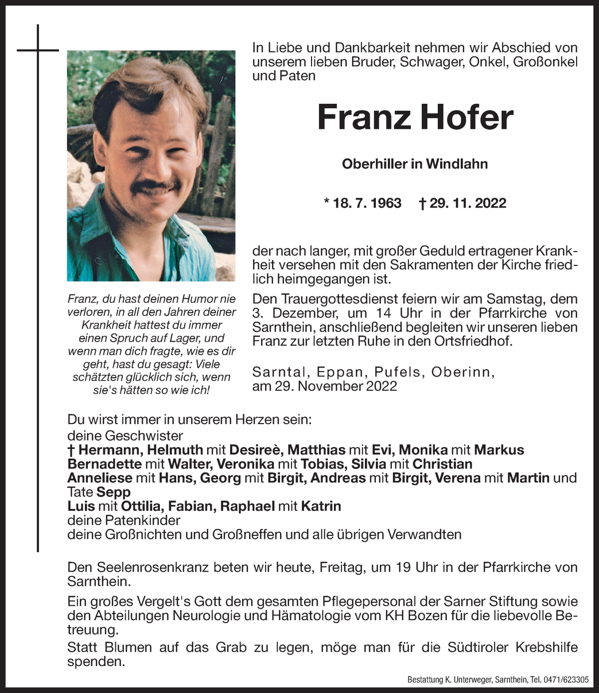  Traueranzeige für Franz Hofer vom 02.12.2022 aus Dolomiten