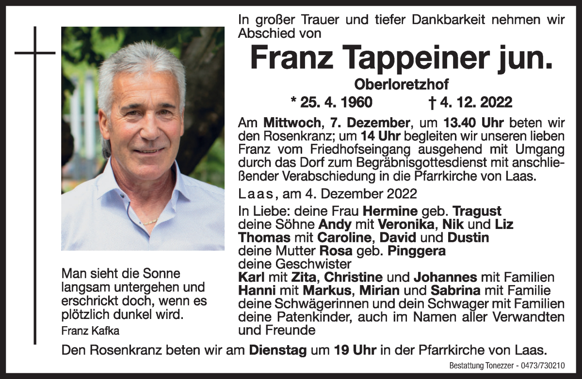  Traueranzeige für Franz Tappeiner jun. vom 05.12.2022 aus Dolomiten