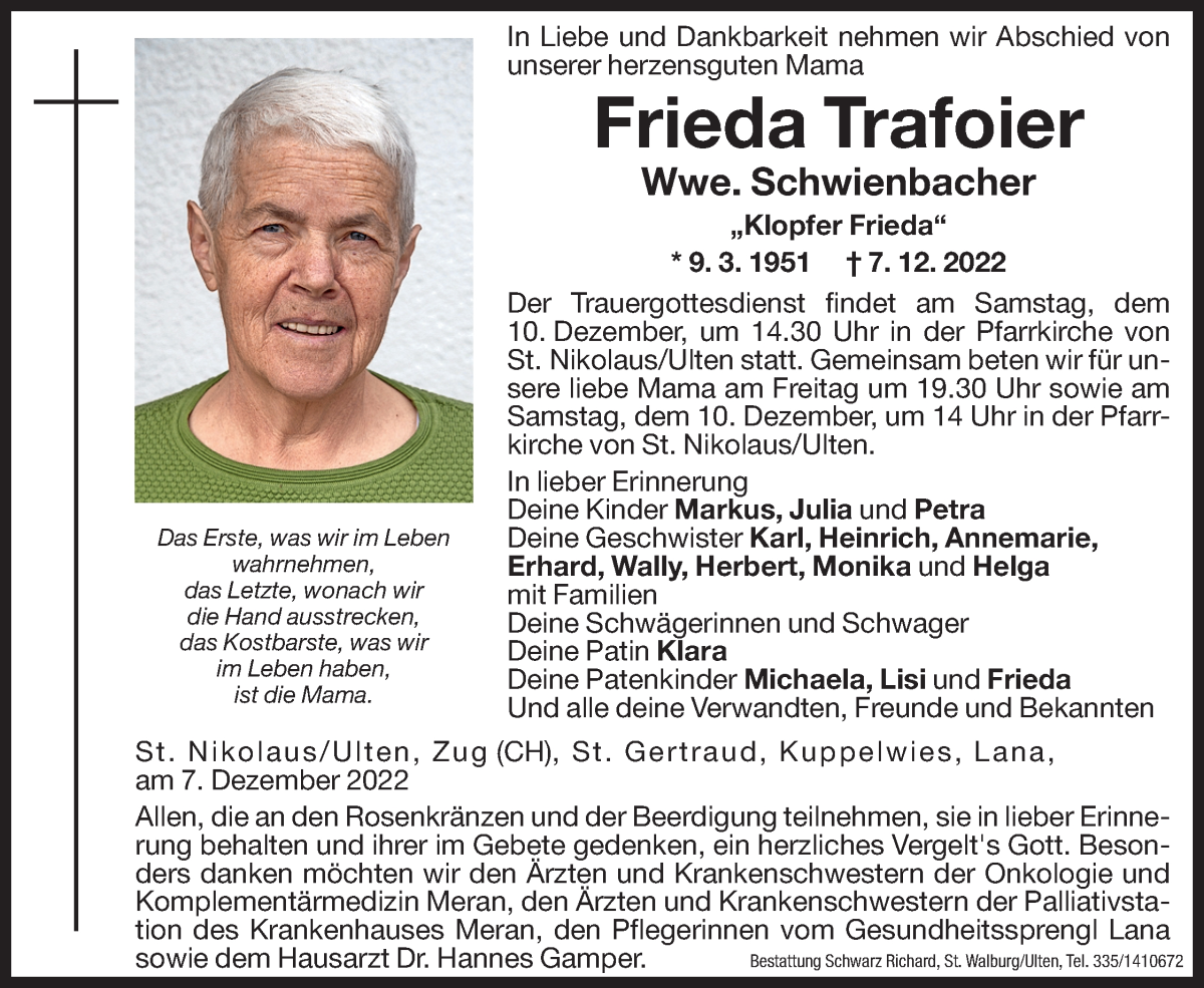 Traueranzeige für Frieda Schwienbacher vom 09.12.2022 aus Dolomiten