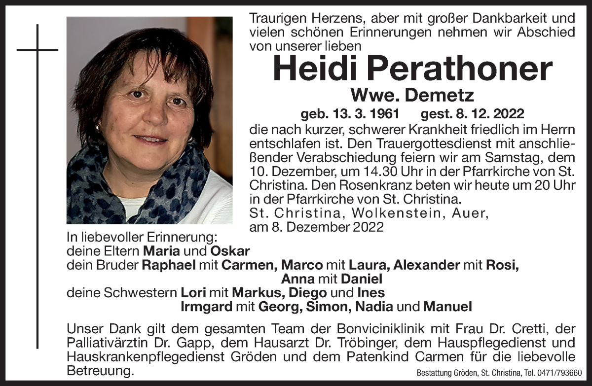 Traueranzeige für Heidi Demetz vom 09.12.2022 aus Dolomiten