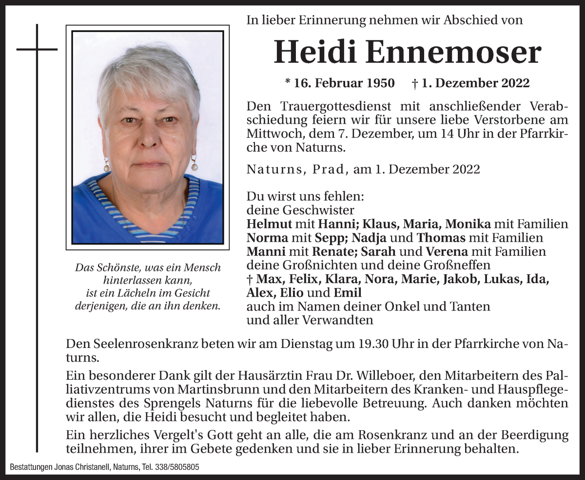  Traueranzeige für Heidi Ennemoser vom 05.12.2022 aus Dolomiten