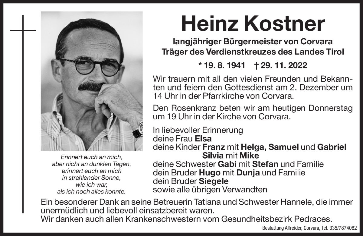  Traueranzeige für Heinz Kostner vom 01.12.2022 aus Dolomiten