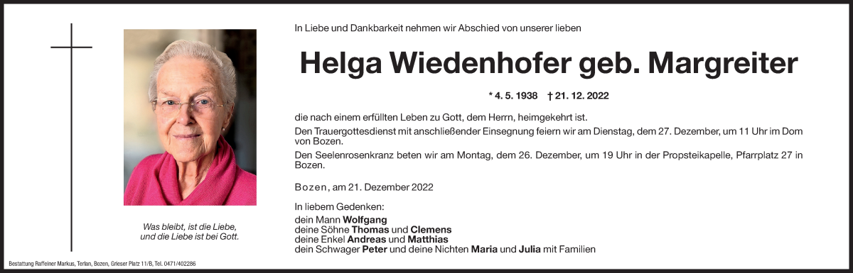  Traueranzeige für Helga Wiedenhofer vom 23.12.2022 aus Dolomiten