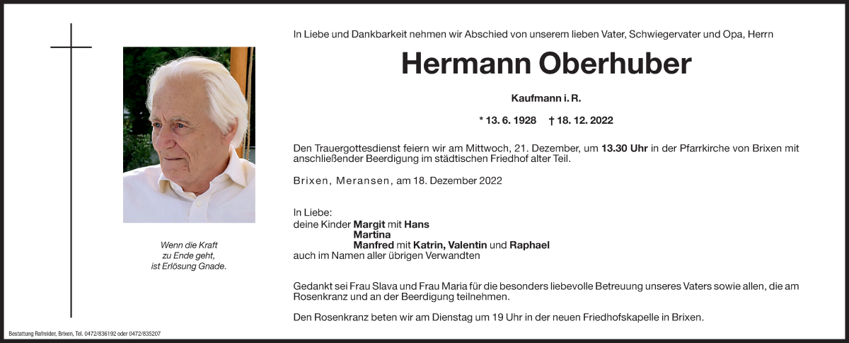  Traueranzeige für Hermann Oberhuber vom 20.12.2022 aus Dolomiten