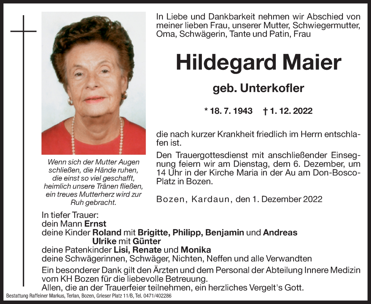  Traueranzeige für Hildegard Maier vom 03.12.2022 aus Dolomiten