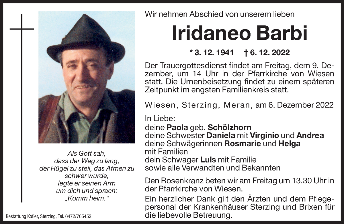  Traueranzeige für Iridaneo Barbi vom 07.12.2022 aus Dolomiten