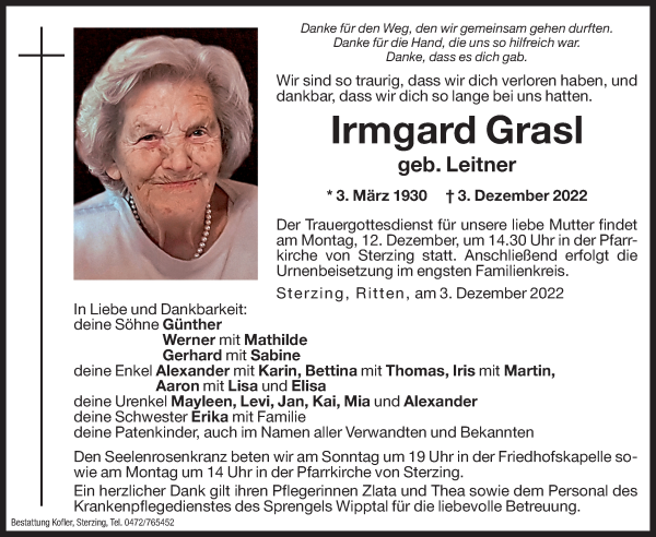 Traueranzeigen von Irmgard Grasl | Trauer.bz