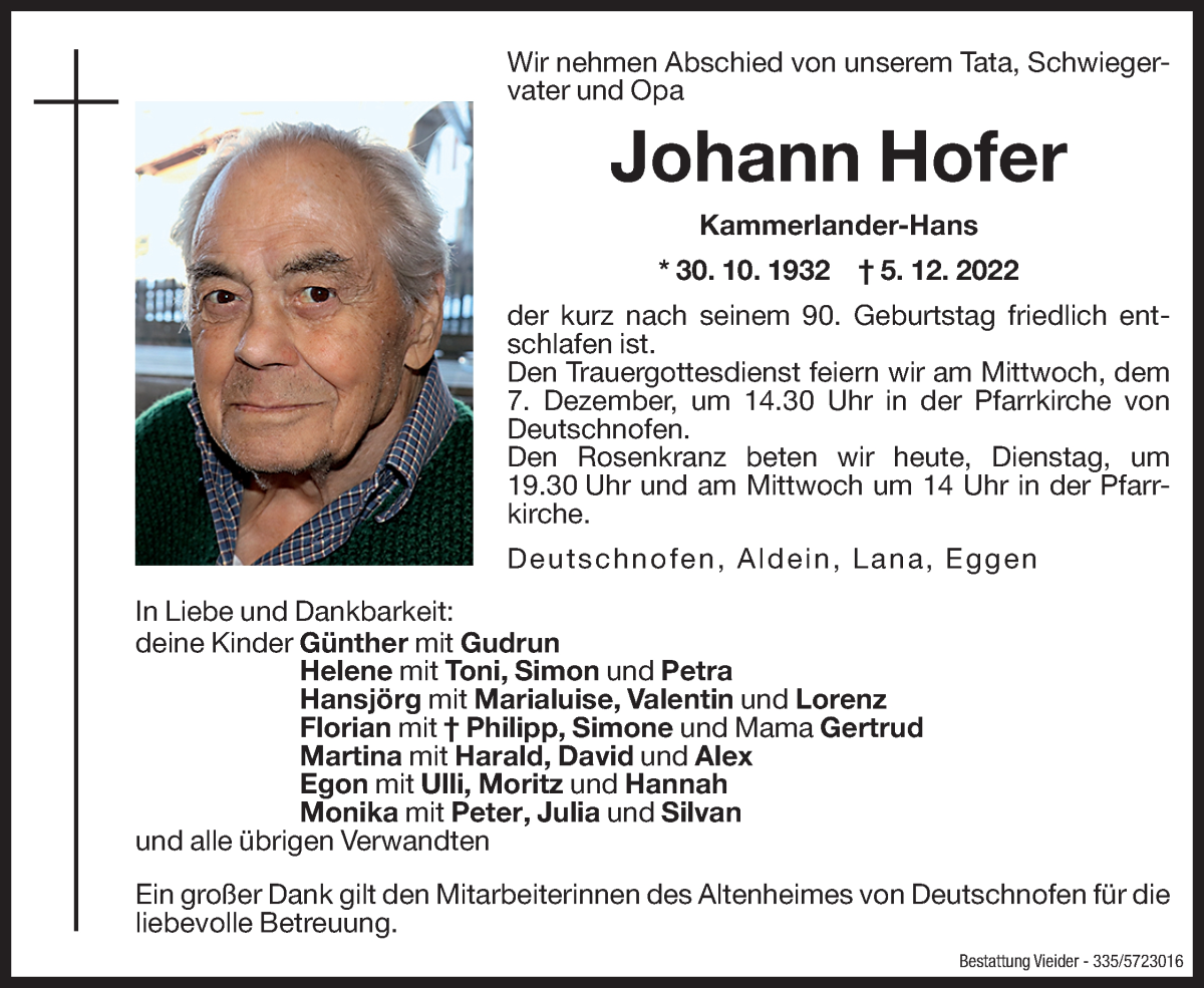 Traueranzeige für Johann Hofer vom 06.12.2022 aus Dolomiten