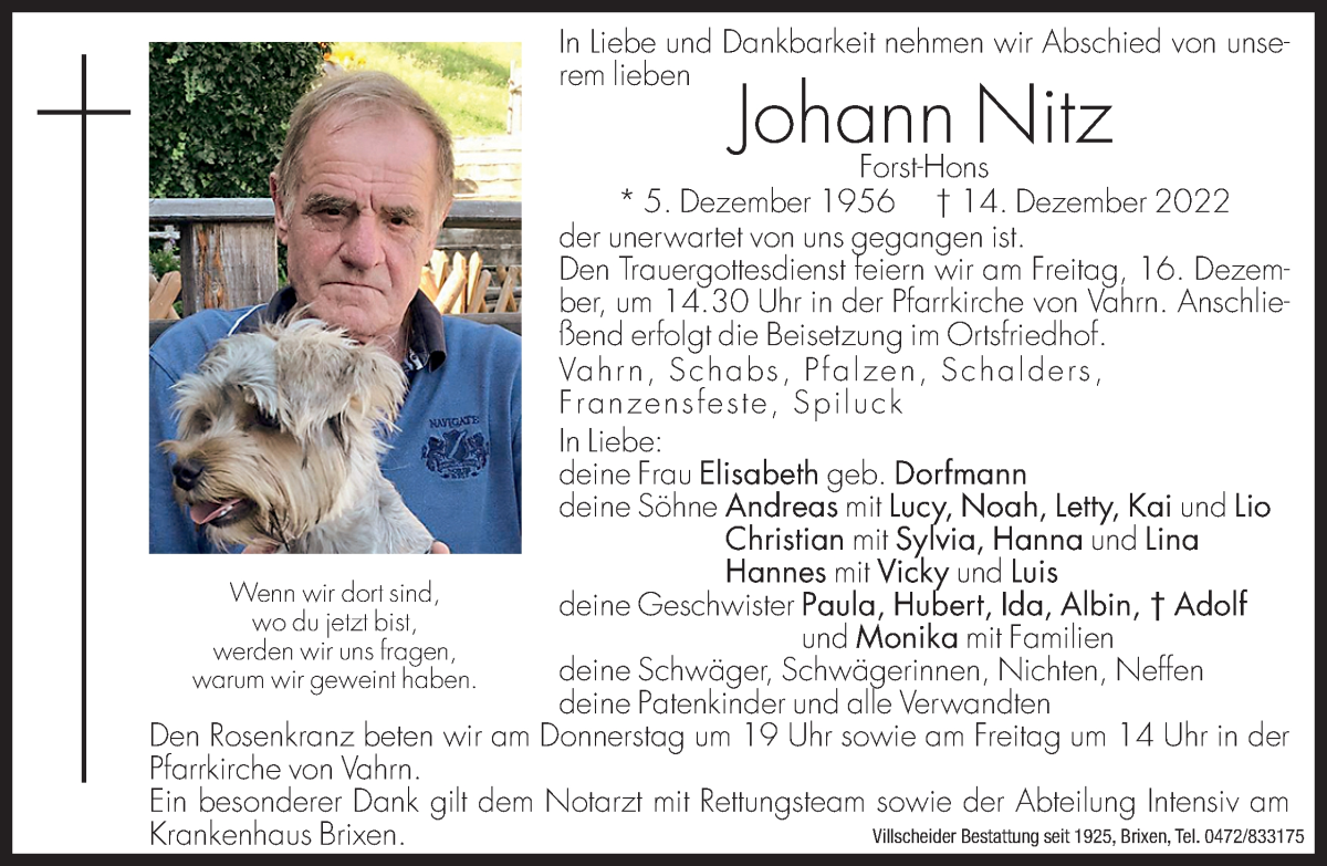  Traueranzeige für Johann Nitz vom 15.12.2022 aus Dolomiten