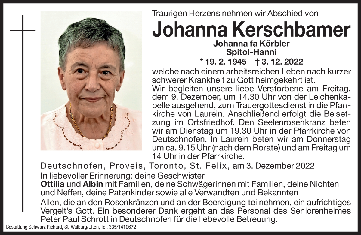  Traueranzeige für Johanna Kerschbamer vom 06.12.2022 aus Dolomiten