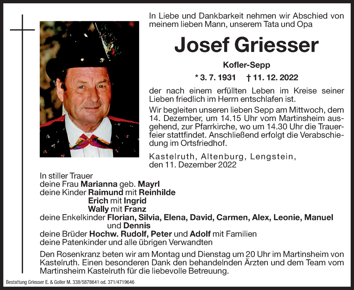  Traueranzeige für Josef Griesser vom 12.12.2022 aus Dolomiten