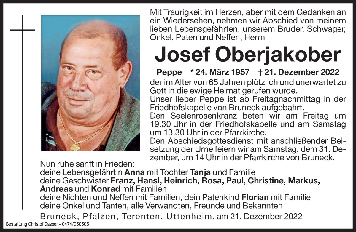  Traueranzeige für Josef Oberjakober vom 30.12.2022 aus Dolomiten
