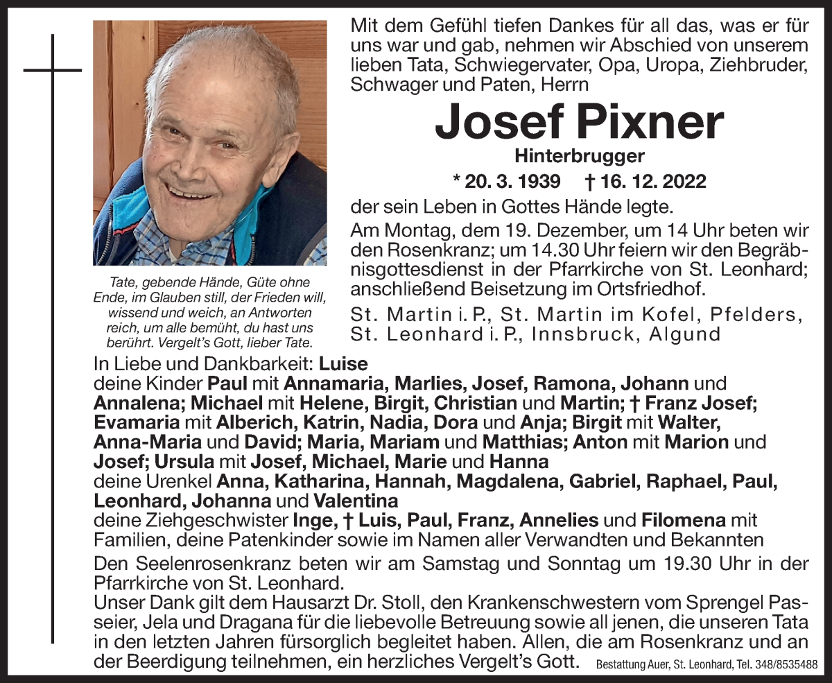  Traueranzeige für Josef Pixner vom 17.12.2022 aus Dolomiten