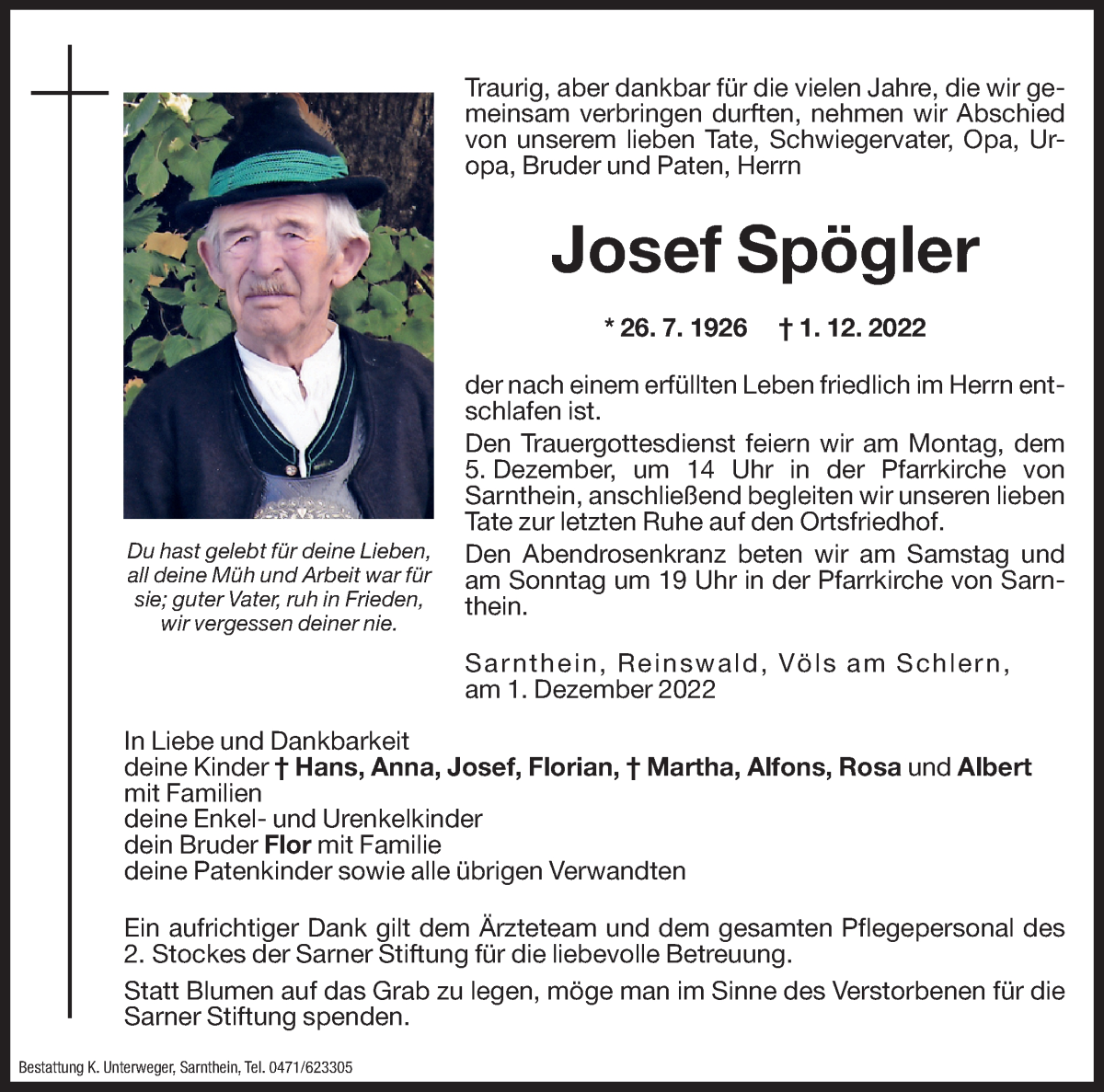  Traueranzeige für Josef Spögler vom 03.12.2022 aus Dolomiten