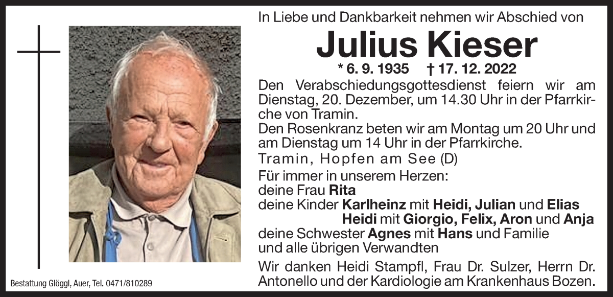  Traueranzeige für Julius Kieser vom 19.12.2022 aus Dolomiten