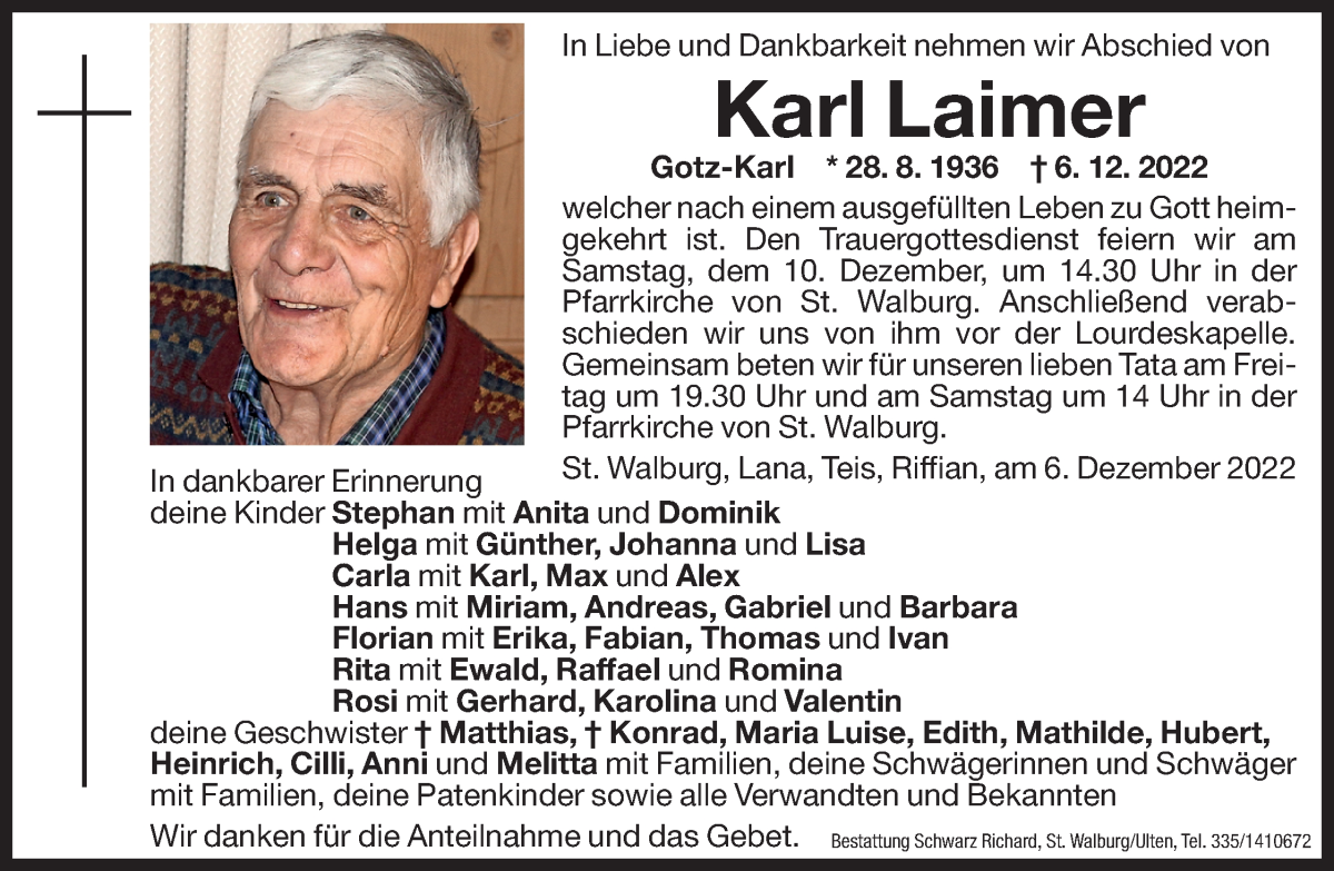  Traueranzeige für Karl Laimer vom 09.12.2022 aus Dolomiten
