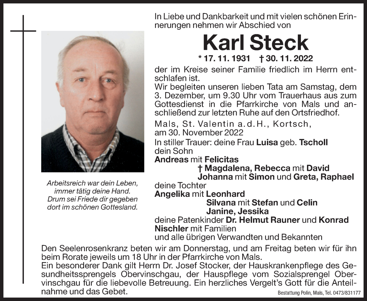  Traueranzeige für Karl Steck vom 01.12.2022 aus Dolomiten