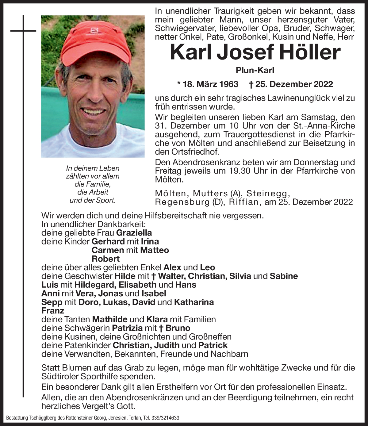  Traueranzeige für Karl Josef Höller vom 29.12.2022 aus Dolomiten
