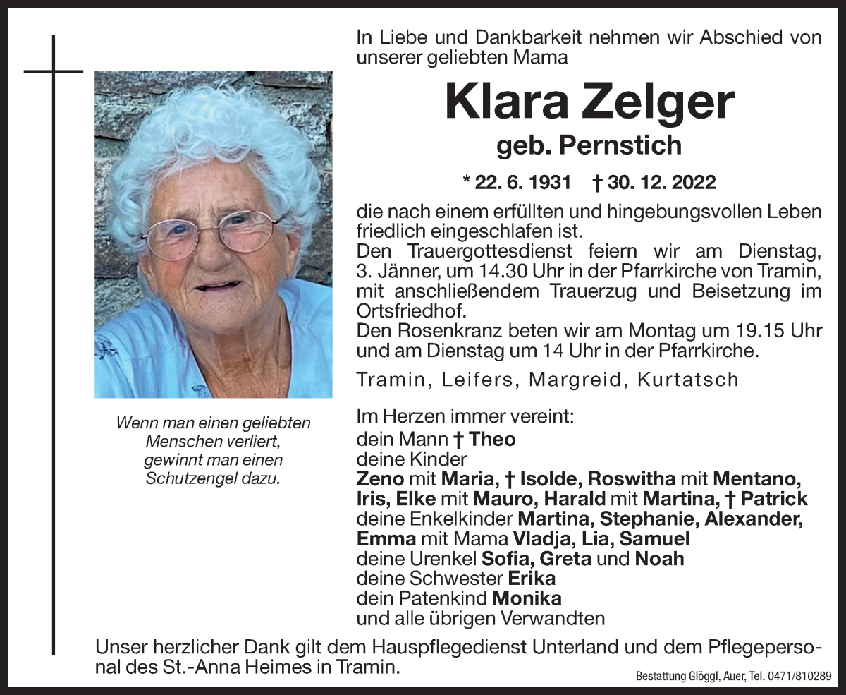  Traueranzeige für Klara Zelger vom 31.12.2022 aus Dolomiten