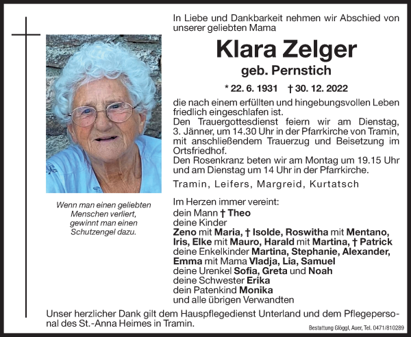 Traueranzeigen von Klara Zelger | Trauer.bz